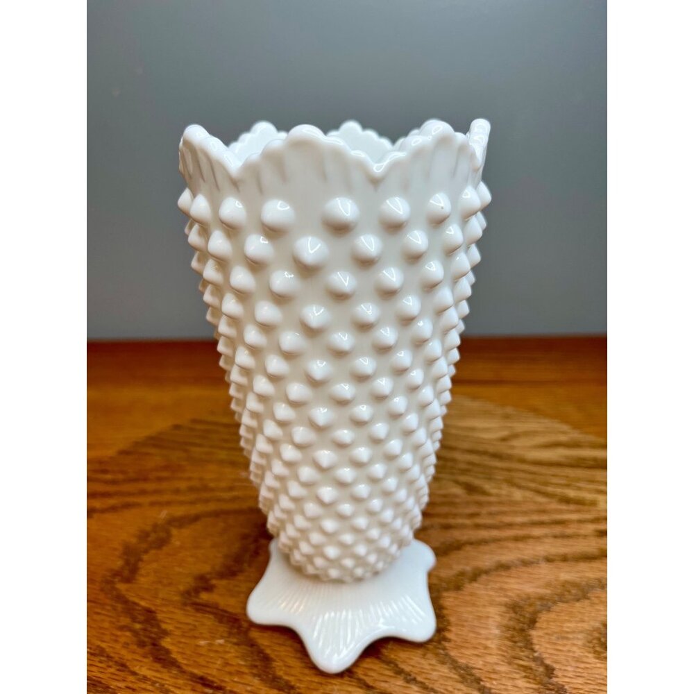 Vintage Fenton Milk Glass Hobnail Vase – Scalloped Rim & Footed Base 6 7/8" tall